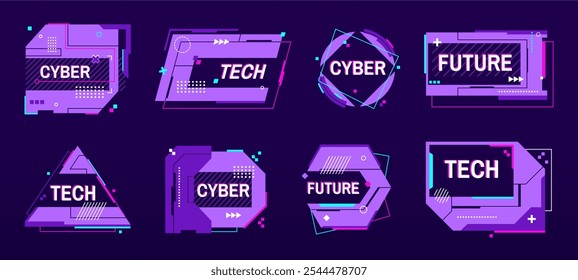 Tech banner frames. Cyber futuristic labels and digital glitch badge templates with abstract sci fi text boxes and hi tech design elements. Glitched label layouts vector set.