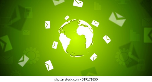 Tech banner with letters envelopes around the globe. Vector design