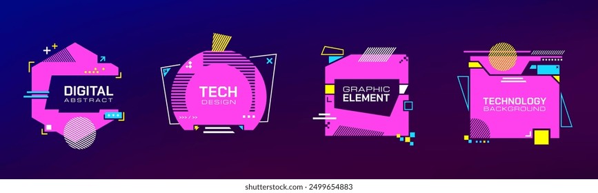 Anuncios en tecnología. Fronteras digitales futuristas con fallas con Formas geométricas de tecnología Diseño de interfaz de usuario de Elementos HUD futuristas. Vector de Plantillas post-apocalípticas. Moderno glitch tecnología cyberpunk marcos de promoción.