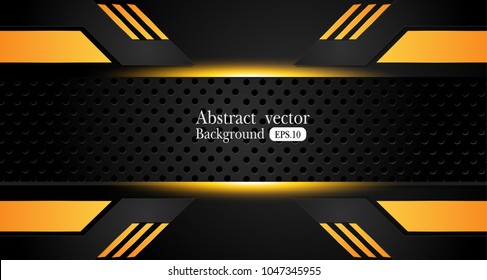 Tech black background with contrast Orange yellow stripes. Abstract vector graphic brochure design