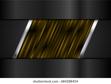 Tech black background with shiny orange and metallic stripes. Vector design