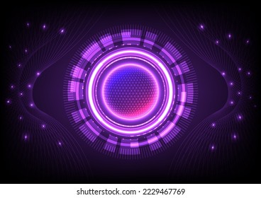 ็Hi tech black background there is a glowing world In the middle there is a tech circle, on the outside there is a curved net. There is a bright spot on the line. purple gradient background