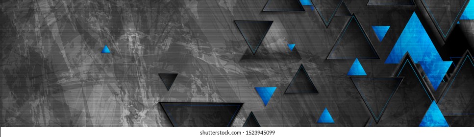 Tech blue triangles on dark grey grunge header banner. Vector abstract corporate background