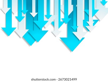 Tech blue and white arrows pointing downward with paper cutout effect and shadow. Abstract vector background