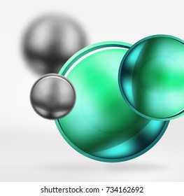 Tech blurred spheres and round circles with glossy and metallic surface. Vector realistic 3d objects, hi-tech technology abstract background