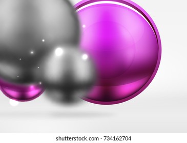 Tech blurred spheres and round circles with glossy and metallic surface. Vector realistic 3d objects, hi-tech technology abstract background