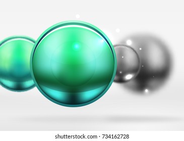 Tech blurred spheres and round circles with glossy and metallic surface. Vector realistic 3d objects, hi-tech technology abstract background