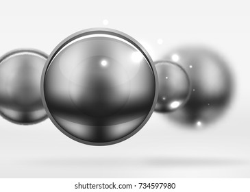 Esferas negras tecnológicas y círculos redondos con una superficie brillante y metálica. Objetos 3d vectoriales realistas, fondo abstracto de tecnología de alta tecnología