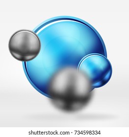 Tech blurred spheres and round circles with glossy and metallic surface. Vector realistic 3d objects, hi-tech technology abstract background