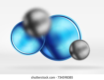 Tech blurred spheres and round circles with glossy and metallic surface. Vector realistic 3d objects, hi-tech technology abstract background