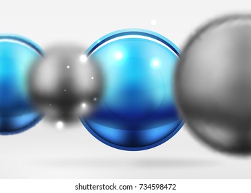 Tech blurred spheres and round circles with glossy and metallic surface. Vector realistic 3d objects, hi-tech technology abstract background