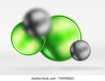 Tech blurred spheres and round circles with glossy and metallic surface. Vector realistic 3d objects, hi-tech technology abstract background