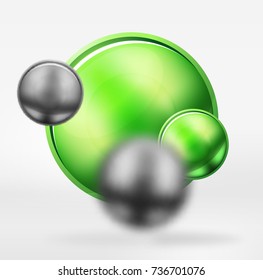 Tech blurred spheres and round circles with glossy and metallic surface. Vector realistic 3d objects, hi-tech technology abstract background