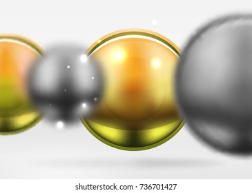 Tech blurred spheres and round circles with glossy and metallic surface. Vector realistic 3d objects, hi-tech technology abstract background