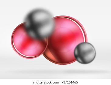 Esferas negras tecnológicas y círculos redondos con una superficie brillante y metálica. Objetos 3d vectoriales realistas, fondo abstracto de tecnología de alta tecnología