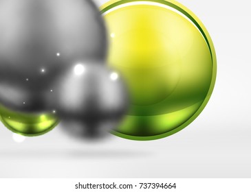 Tech blurred spheres and round circles with glossy and metallic surface. Vector realistic 3d objects, hi-tech technology abstract background