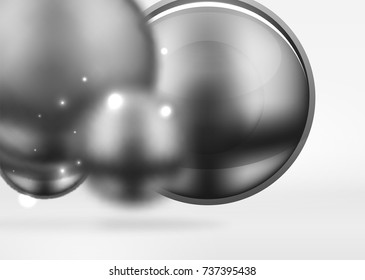 Techisch unscharfe Kugeln und runde Kreise mit glänzender und metallischer Oberfläche. Vektorrealistische 3D-Objekte, abstrakter High-Tech-Hintergrund