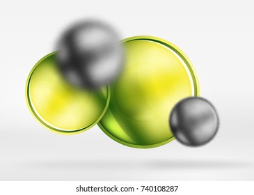 Tech blurred spheres and round circles with glossy and metallic surface. Vector realistic 3d objects, hi-tech technology abstract background