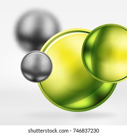Tech blurred spheres and round circles with glossy and metallic surface. Vector realistic 3d objects, hi-tech technology abstract background