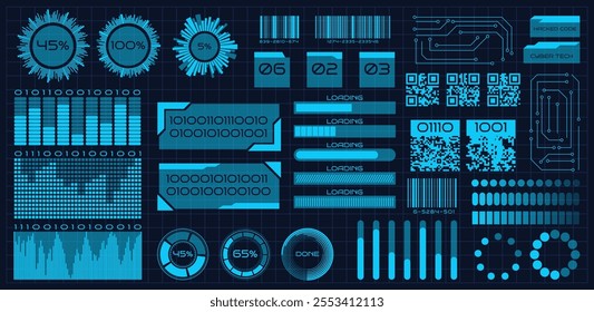 Tech board. Technology frame infographic. Futuristic HUD. Computer loading. Graphic future modern. Cyberspace shape. Cyberpunk dashboard chart. Neon QR-code. Vector abstract garish UI elements set