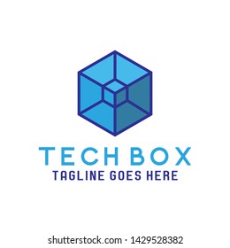 Tech Box Logo Design With Geometry Concept. Identity Logotype. Package And Cube Emblem For Company. Digital Icon For Business. Creative And Modern Blue Color Graphic Idea.