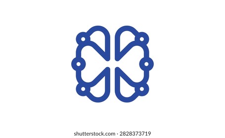 Tech brain and neural network logo template. Vector illustration of blue linear brain hemispheres, artificial intelligence symbol, tech node connections, and digital brainpower emblem isolated on a white background.