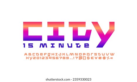 Tech bright font, digital cyber alphabet, trendy modern Latin letters A, B, C, D, E, F, G, H, I, J, K, L, M, N, O, P, Q, R, S, T, U, V, W, X, Y, Z and Arab numerals 0, 1, 2, 3, 4, 5, 6, 7, 8, 9