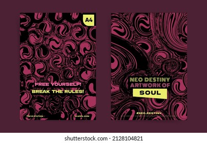 Tech and brutal abstract template design with typography for poster, flyer, event brochure, placard, presentation or cover. Black, purple colors and rounded shapes psychedelic  vector background set.