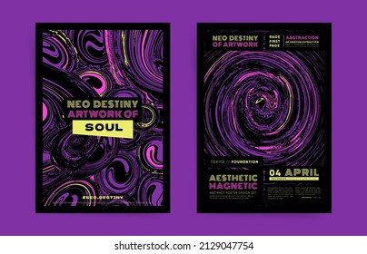 Tech and brutal abstract template design with typography for poster, flyer, event brochure, placard, presentation or cover. Black, purple colors and rounded shapes psychedelic  vector background set.
