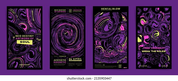 Tech and brutal abstract template design with typography for stories, flyer, event brochure, pots, presentation or cover. Black, purple colors and rounded shapes psychedelic vector background set.	