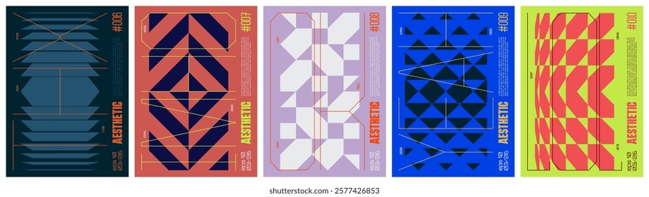 Tech brutalism colorful trendy poster, abstract geometric composition graphic in Y2K aesthetics, vector simple shapes cyberpunk print artwork modernism and futuristic minimalistic style A4 format set2