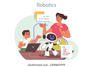 Tech camp for children. AI technologies and robotics educational course. Children learning robot programming and engineering on summer vacation. Flat vector illustration