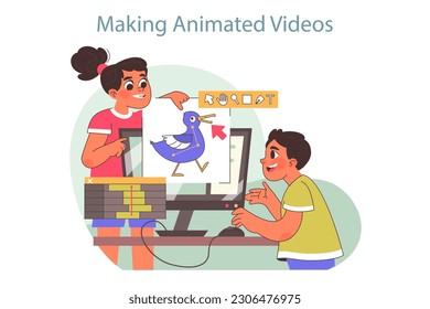 Tech camp for children. Animation technologies educational course. Children learning motion design, creating computer animation or animated video on summer vacation. Flat vector illustration