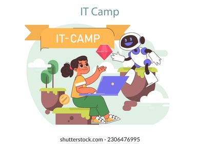 Tech camp for children. Computer science, AI, VR technologies and robotics educational course. Children learning programming and engineering on summer vacation. Flat vector illustration