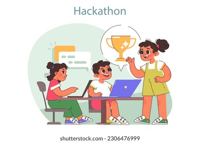 Campamento tecnológico para niños. Curso educativo sobre informática, IA, tecnologías VR y robótica. Niños trabajando en equipo en la competencia de hackathon. Ilustración vectorial plana