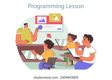 Tech camp for children. Computer science educational course. Children learning programming and coding on summer vacation. Flat vector illustration