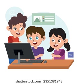 Tech camp for children. Computer science and application development educational course. Children learning programming on summer vacation. Flat vector illustration.