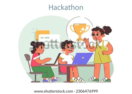 Tech camp for children. Computer science, AI, VR technologies and robotics educational course. Children working in team on hackathon competition. Flat vector illustration