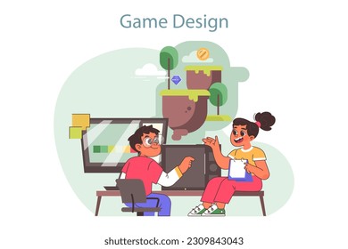 Tech camp for children. Game design educational course. Children learning computer video game building and development on summer vacation. Flat vector illustration