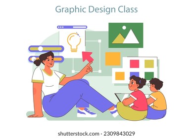 Campamento tecnológico para niños. Curso educativo de diseño gráfico. Niños aprendiendo página web y diseño de marca, identidad de negocios y publicidad en las vacaciones de verano. Ilustración vectorial plana