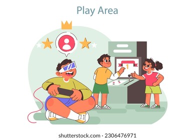 Tech camp for children. Children playing video games on summer vacation. School kids with a console, playing vr games. Happy childhood. Flat vector illustration