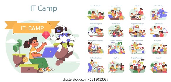 Tech camp for children set. Computer science, AI, VR technologies and robotics educational course. Children learning programming and engineering on summer vacation. Flat vector illustration