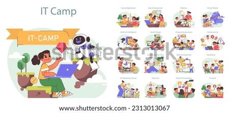 Tech camp for children set. Computer science, AI, VR technologies and robotics educational course. Children learning programming and engineering on summer vacation. Flat vector illustration