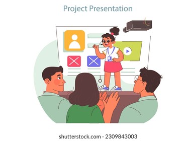 Campamento tecnológico para niños. Estudiante presentando su proyecto en la pizarra. Niña presentando su trabajo digital. Curso educativo STEM. Ilustración vectorial plana