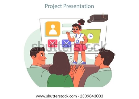 Tech camp for children. Student presenting her project at whiteboard. Girl giving presentation of her digital work. STEM educational course. Flat vector illustration