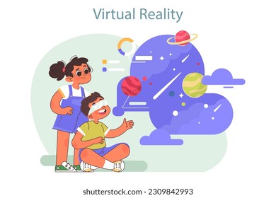 Tech camp for children. VR technologies and design educational course. Children learning programming and engineering of meta universe on summer vacation. Flat vector illustration