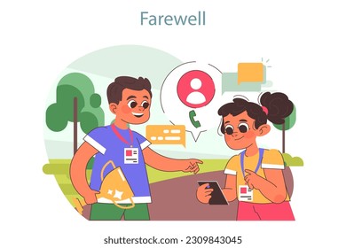 Tech camp camp farewell. Happy kids saying goodbye to eachother. Computer science, AI, VR technologies and robotics educational course. Flat vector illustration