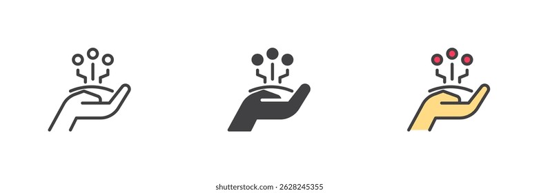Conjunto de ícones de estilo diferente de cuidado técnico. Linha, glifo e preenchido esboço versão colorida, contorno e sinal de vetor preenchido. Inovação e pessoas apoiam símbolo, ilustração de logotipo. Gráficos vetoriais