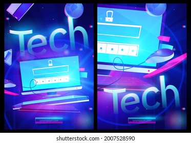 Tech cartoon poster, computer neon glowing desktop with lock, login and password form. Personal data protection, mobile life, internet social networks media cyber privacy protect, Vector web banner