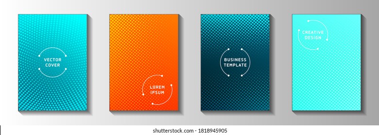 Tech circle faded screen tone front page templates vector kit. Scientific poster perforated screen tone backgrounds. Vintage manga comics style title page leaflets. Matrix elements.